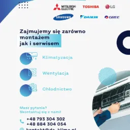 Grafika reklamowa firmy oferującej montaż i serwis klimatyzacji, z logotypami producentów i danymi kontaktowymi.