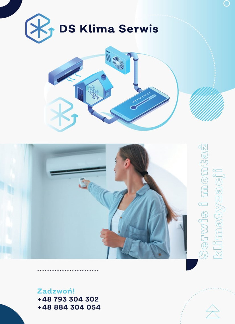 Kobieta reguluje temperaturę klimatyzacji za pomocą pilota; grafika ilustruje schemat działania klimatyzacji, w tle biała ściana