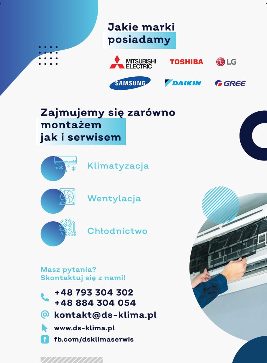 Grafika reklamowa firmy oferującej montaż i serwis klimatyzacji, z logotypami producentów i danymi kontaktowymi.