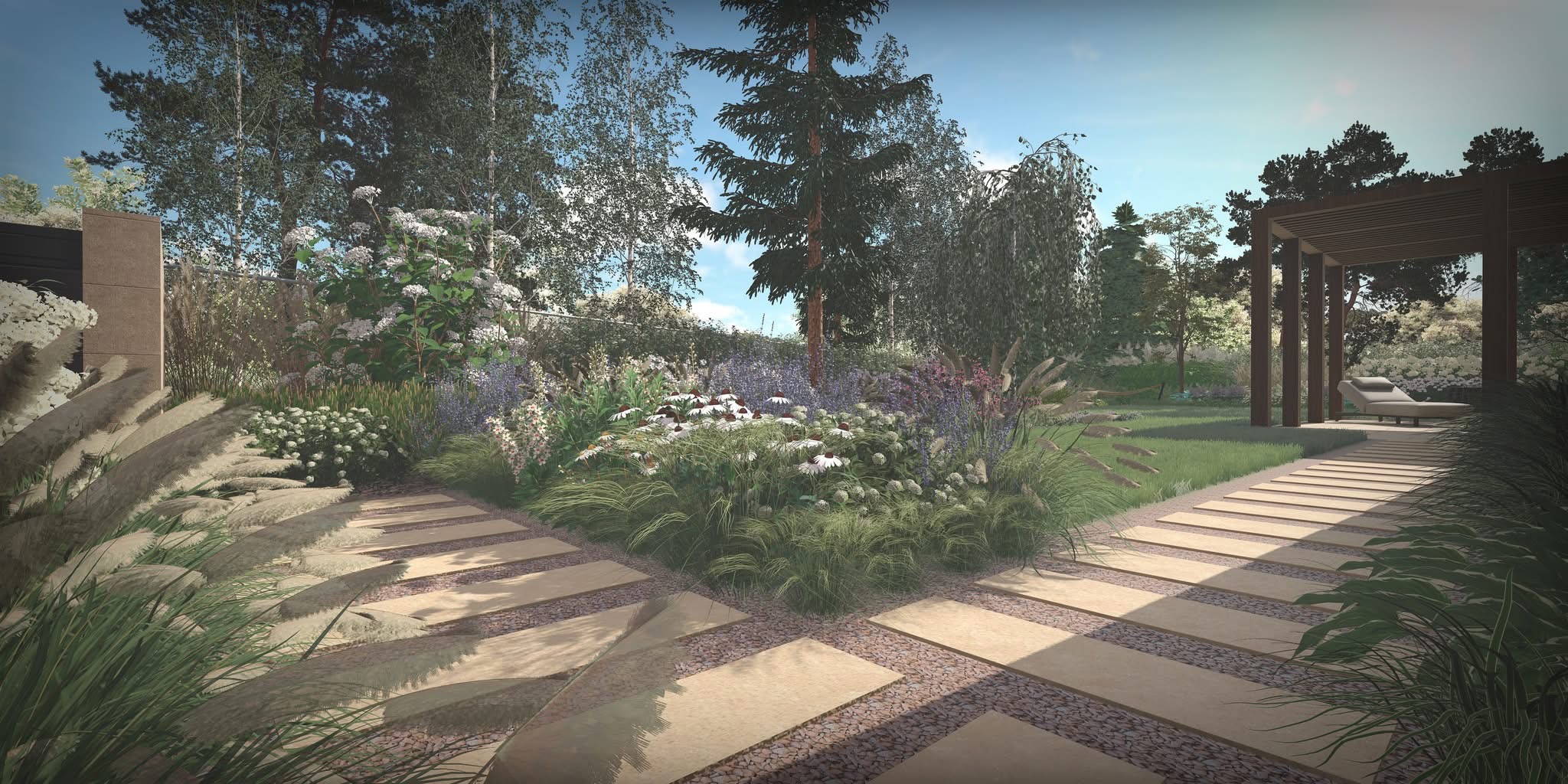 Wizualizacja ogrodu: ścieżka z płyt prowadzi do pergoli z leżanką, otoczona rabatami z kwitnącymi bylinami i trawami ozdobnymi. Tło stanowią drzewa i krzewy.