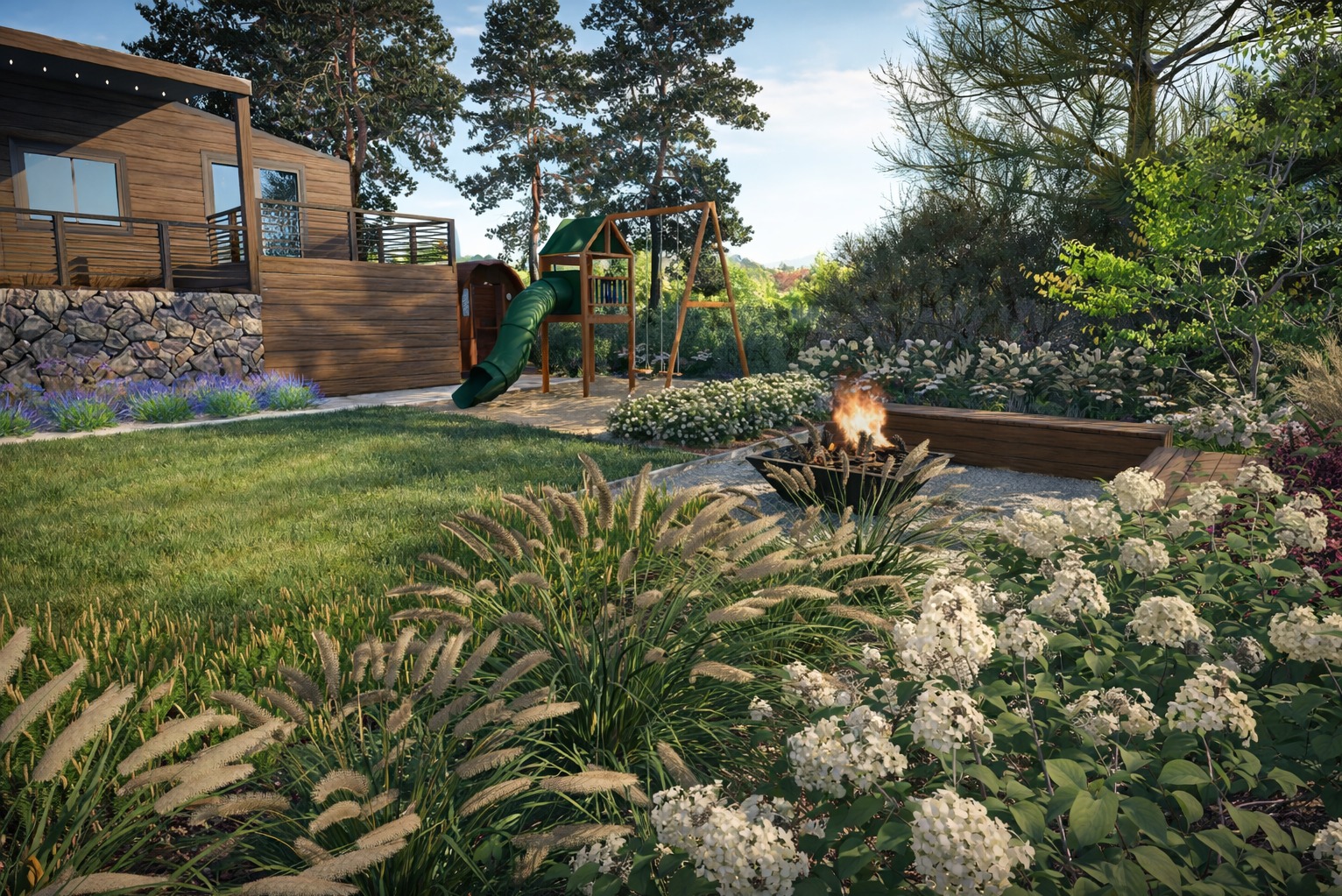 Wizualizacja ogrodu z paleniskiem, huśtawką i zjeżdżalnią. Bujna roślinność, trawnik i drewniany dom w tle. Ciepłe oświetlenie podkreśla przytulny charakter.
