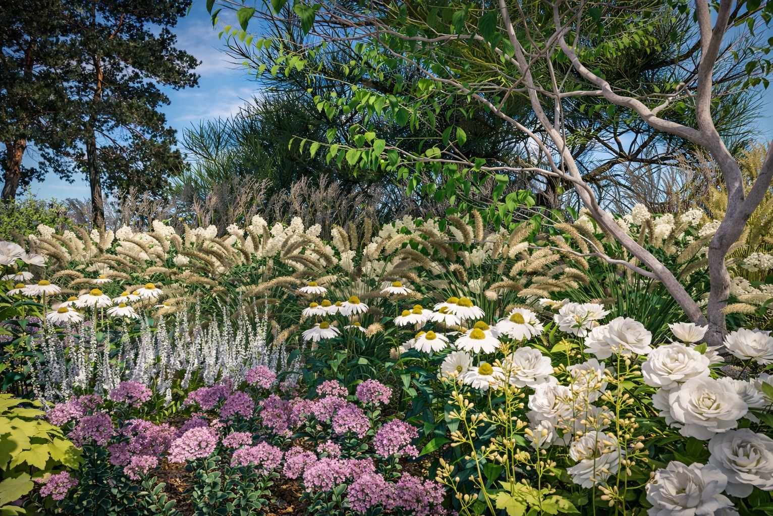 Wizualizacja ogrodu z różnorodną roślinnością: białe róże, margerytki, trawy ozdobne i fioletowe kwiaty. Kompozycja z drzewem o jasnej korze na tle błękitnego nieba.