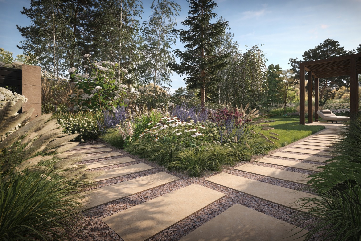 Wizualizacja ogrodu z ścieżką z płyt i żwiru, prowadzącą do pergoli z leżanką. Bogata roślinność: trawy ozdobne, byliny kwitnące, drzewa iglaste i liściaste.