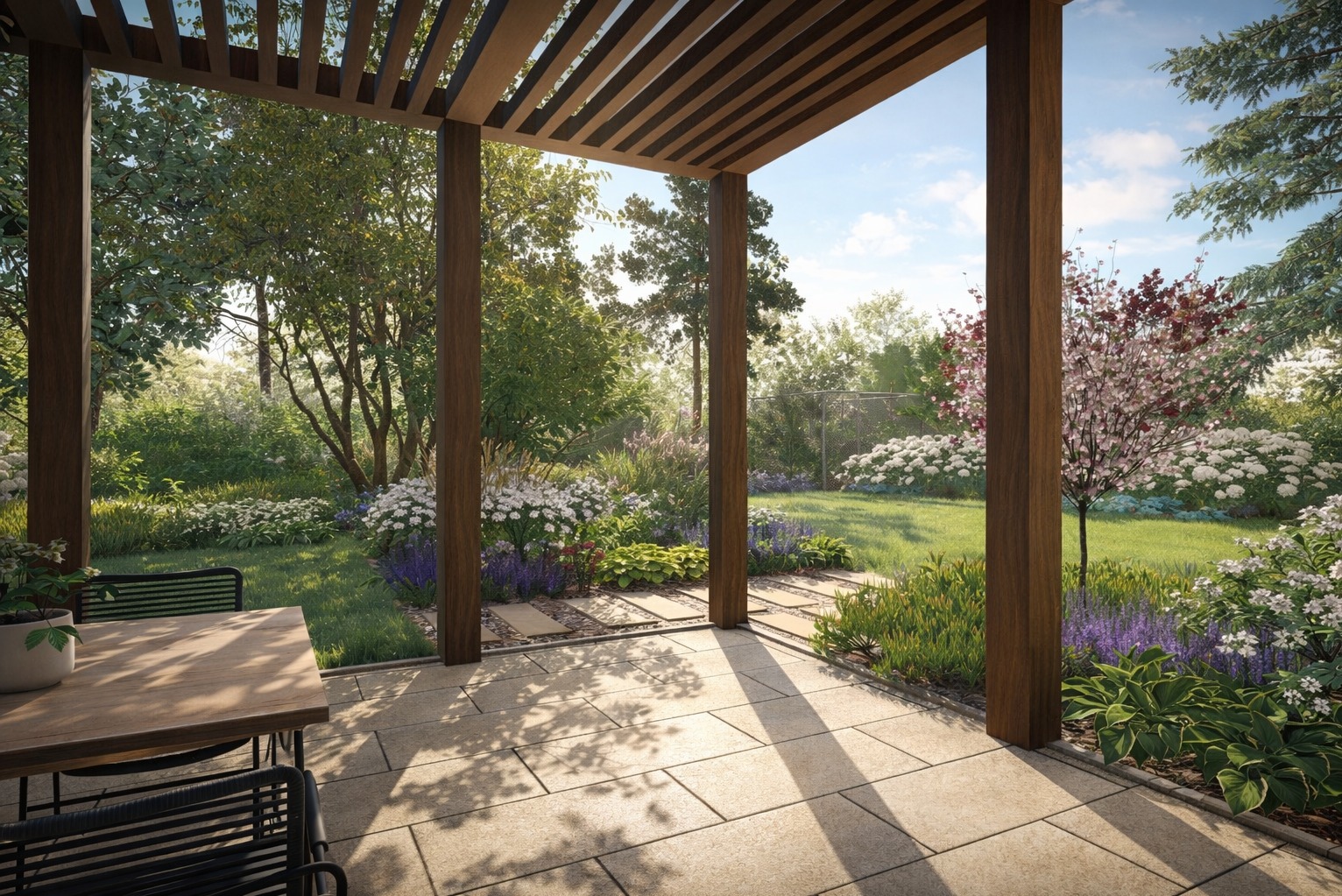 Wizualizacja ogrodu z pergolą, ukazująca rearanżację przestrzeni z kwitnącymi roślinami, trawnikiem i ścieżką z płyt. Widok z zadaszonego tarasu.