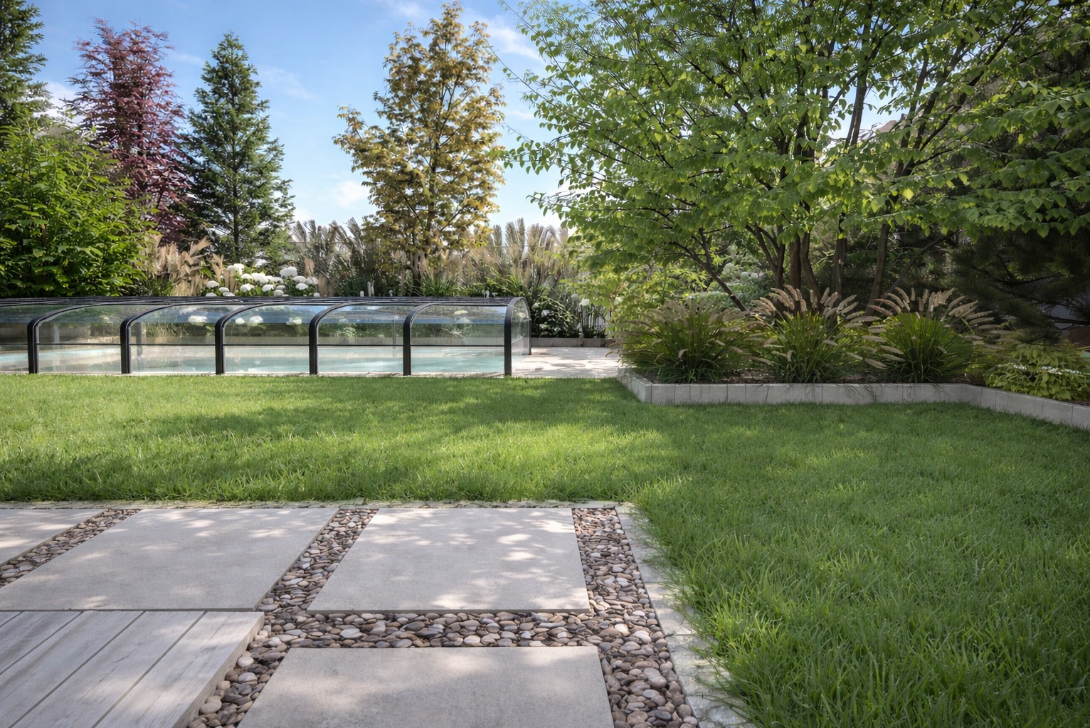 Ogród przydomowy z basenem pod zadaszeniem, trawnikiem, ścieżką z płyt i kamieni. Widoczne drzewa i krzewy ozdobne. Projekt ogrodu w nowoczesnym stylu.