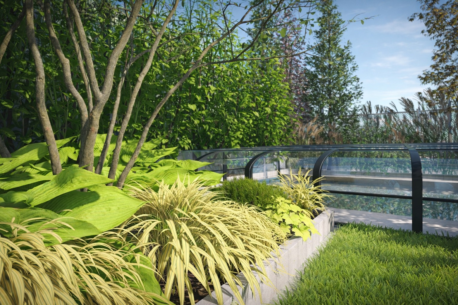 Wizualizacja ogrodu przydomowego z bujną roślinnością, hostami i ozdobnymi trawami, zadaszeniem basenu w tle, w słoneczny dzień. Realistyczny render.