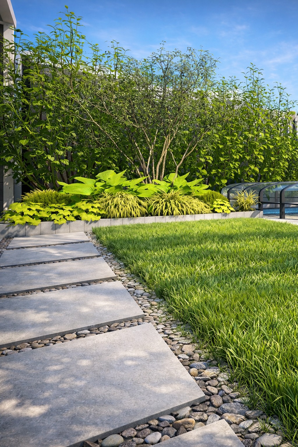 Wizualizacja ogrodu przy domu szeregowym: trawnik, ścieżka z płyt betonowych z kamieniami, rabaty z zielenią i drzewami, błękitne niebo. Realistyczny render.