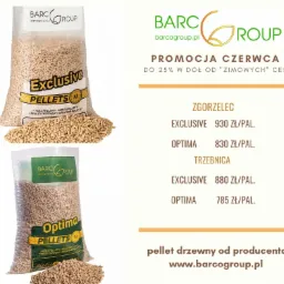 Dwa worki przezroczyste z jasnymi granulkami na białym tle, jeden oznaczony 'Exclusive', drugi 'Optima' z logo producenta i informacją o promocji czerwcowej.