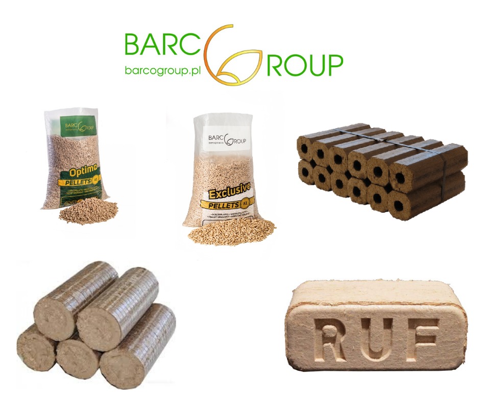 Zestawienie różnych rodzajów materiałów opałowych: worki z pelletem 'Optima' i 'Exclusive', brykiet drzewny wiązany sznurkiem, walcowaty brykiet drzewny ułożony w stos oraz brykiet RUF, wszystko...