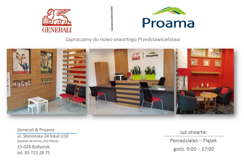 Wnętrze biura ubezpieczeniowego Generali & Proama w Białymstoku, z recepcją, miejscami siedzącymi dla klientów i dekoracjami roślinnymi.