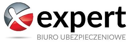 Logo firmy 'expert' z szaro-czerwonym okręgiem po lewej i dopiskiem 'BIURO UBEZPIECZENIOWE' poniżej nazwy.