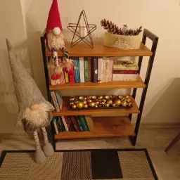 Regał metalowy z drewnianymi półkami, na których poukładane są książki, ozdoby świąteczne i figurki skrzatów w czerwonym i szarym kolorze, całość stoi na dywaniku w kratę.