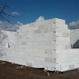 Wznoszone ściany parteru z białych bloczków na czarnej izolacji przeciwwilgociowej, widok z zewnątrz w słoneczny dzień, w tle drzewo bez liści i zabudowania jednorodzinne.