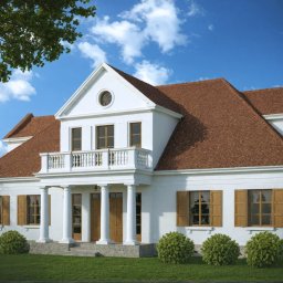 Architektura Klasyczna - Elegancki, biały dom z kolumnami i brązowym dachem na tle błękitnego nieba. Widoczne drewniane okiennice i zadbany trawnik z krzewami.