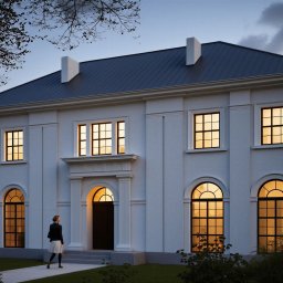 Architektura Klasyczna - Elewacja dwukondygnacyjnego budynku z symetrycznym układem okien i centralnie umieszczonym wejściem, oświetlona ciepłym światłem wieczornym, z osobą wchodzącą do środka.