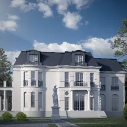 Wizualizacja dwukondygnacyjnego, klasycznego domu z ciemnoszarym dachem mansardowym, balkonami z kutymi balustradami i rzeźbą na dziedzińcu.