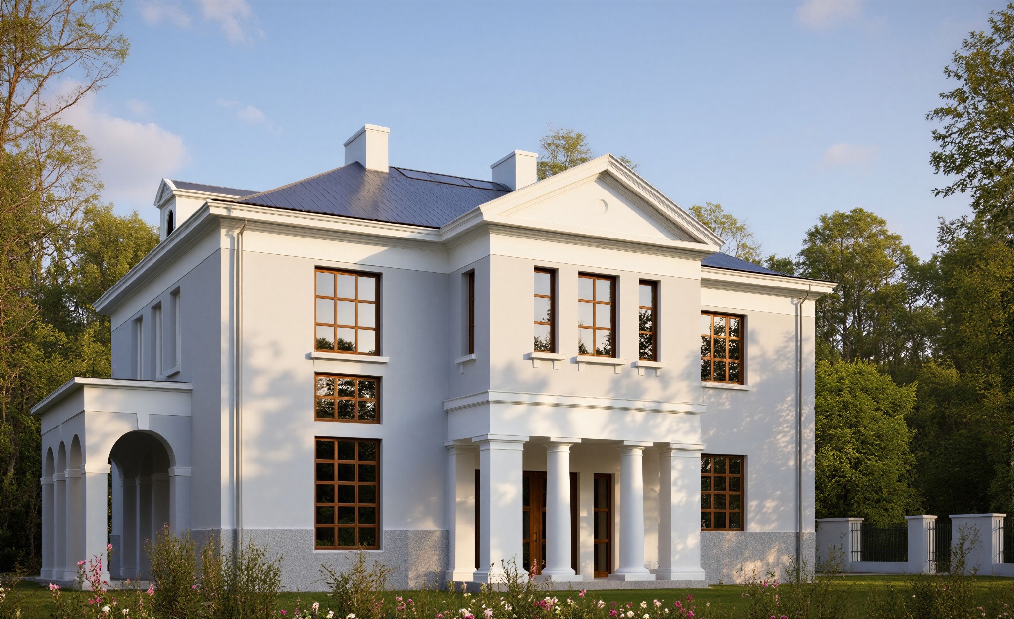 Dwukondygnacyjny dom w stylu klasycystycznym z kolumnami przy wejściu, ciemną dachówką i panelami słonecznymi, otoczony zielenią i kwiatami w słoneczny dzień.