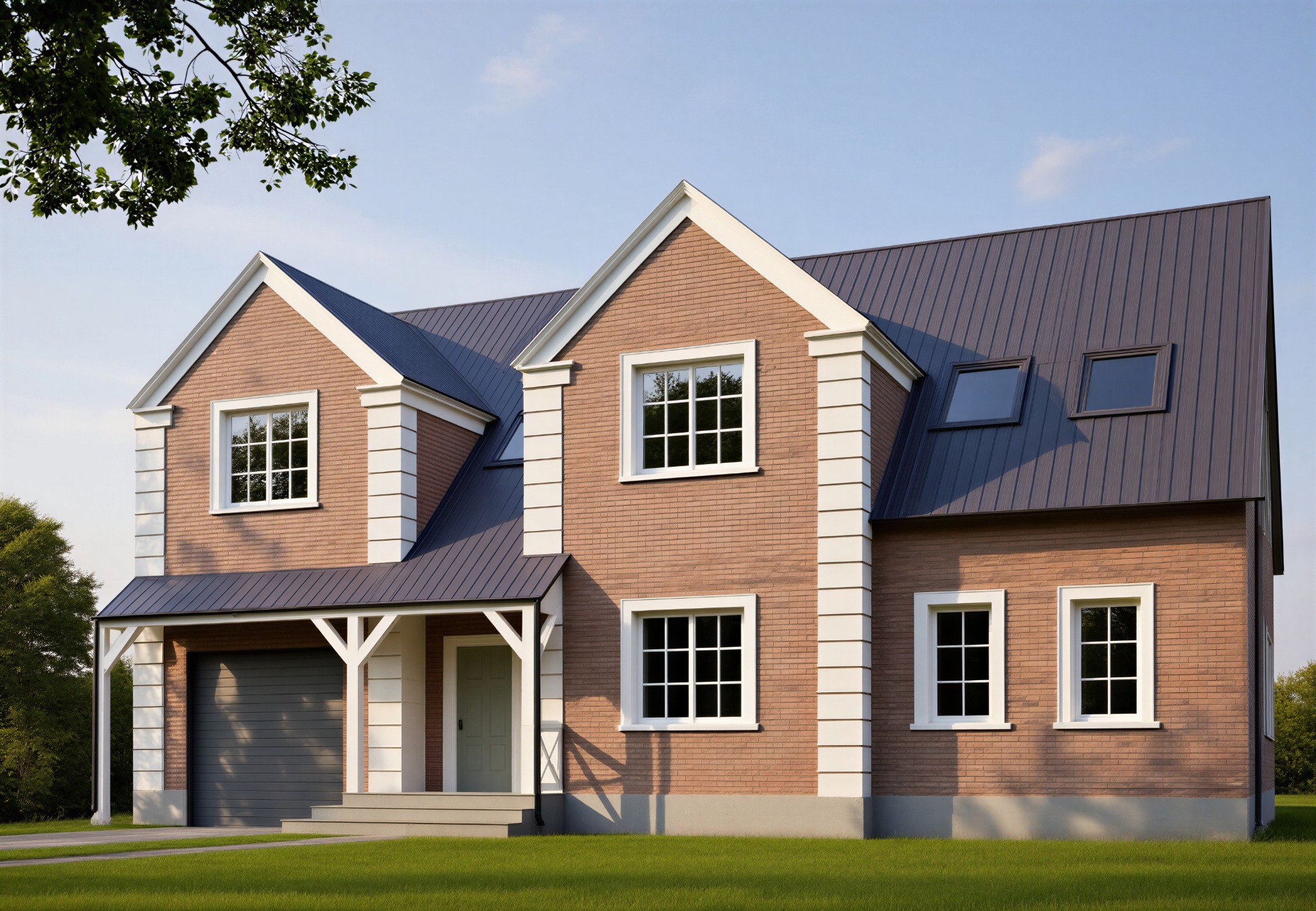 Dwukondygnacyjny dom z cegły klinkierowej, z ciemnoszarym dachem z blachy trapezowej i białymi obramowaniami okien, garaż w bryle budynku, trawnik przed domem.