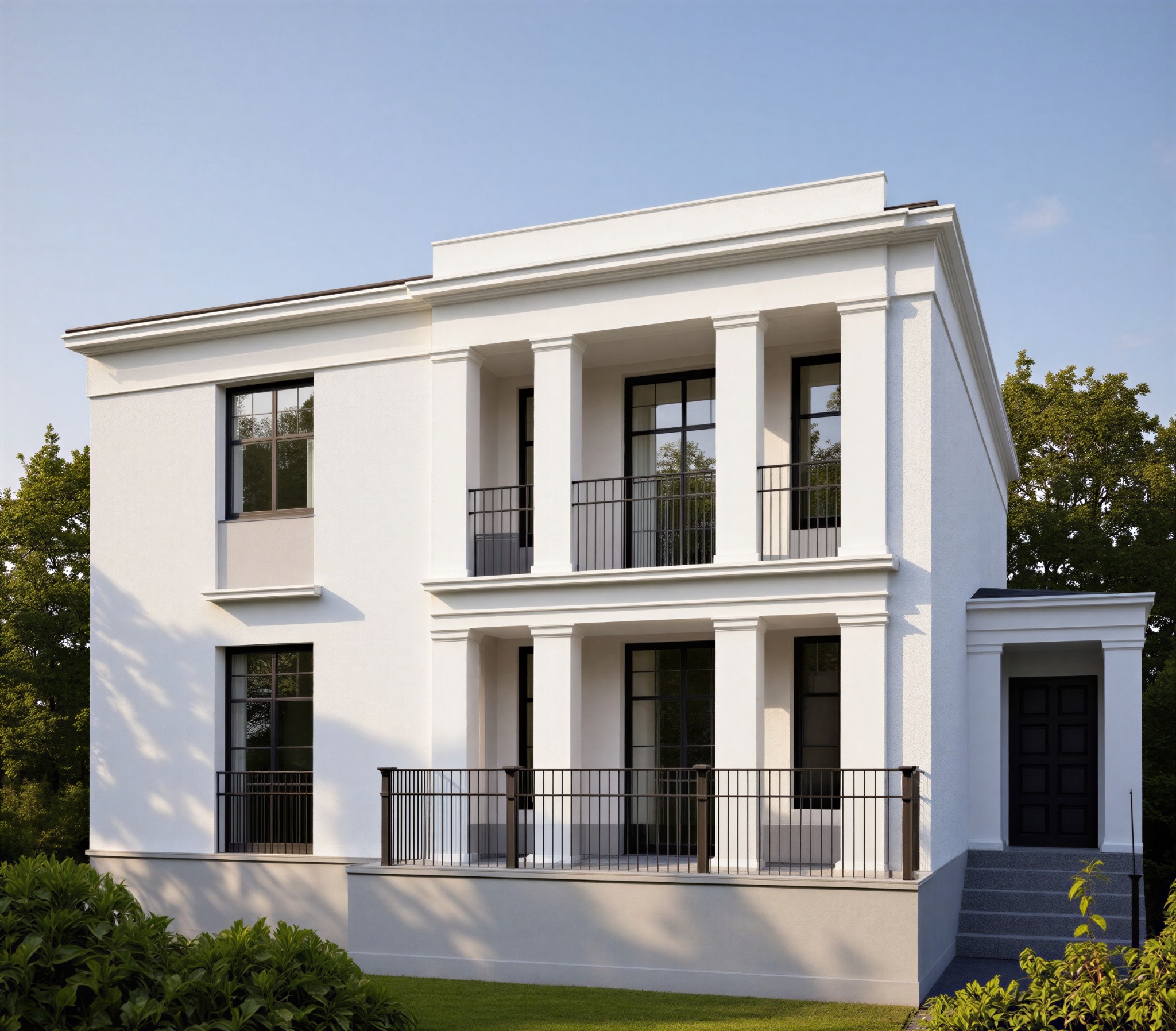Dwukondygnacyjny dom z białymi kolumnami i czarnymi balustradami balkonowymi, otoczony zielenią. Nowoczesna architektura z elementami klasycznymi.