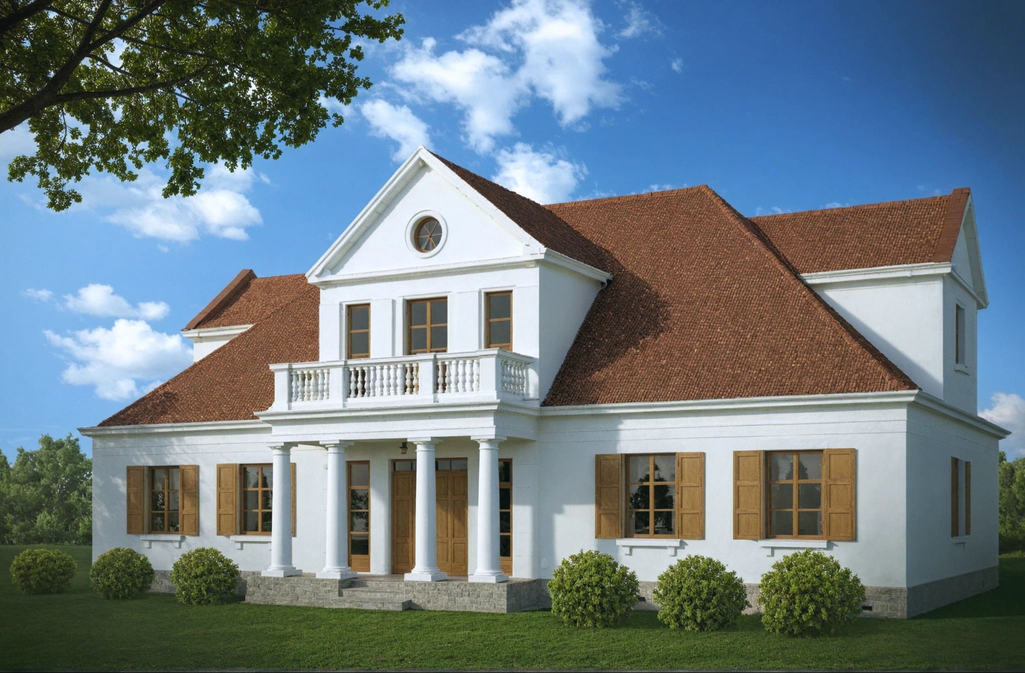 Elegancki, biały dom z kolumnami i brązowym dachem na tle błękitnego nieba. Widoczne drewniane okiennice i zadbany trawnik z krzewami.