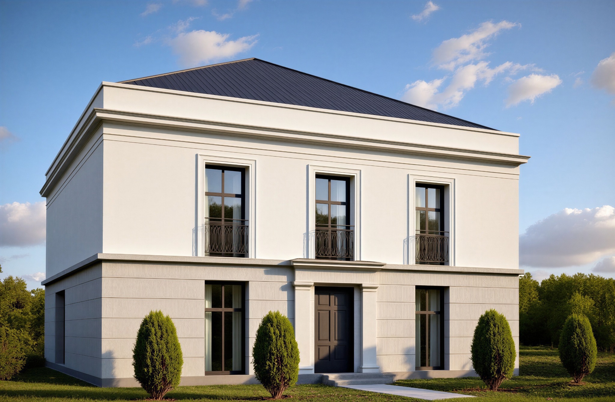 Dwukondygnacyjny dom z płaskim dachem i balkonami, otoczony zielenią. Elewacja w odcieniach bieli i szarości, z ciemnymi ramami okiennymi i drzwiami.