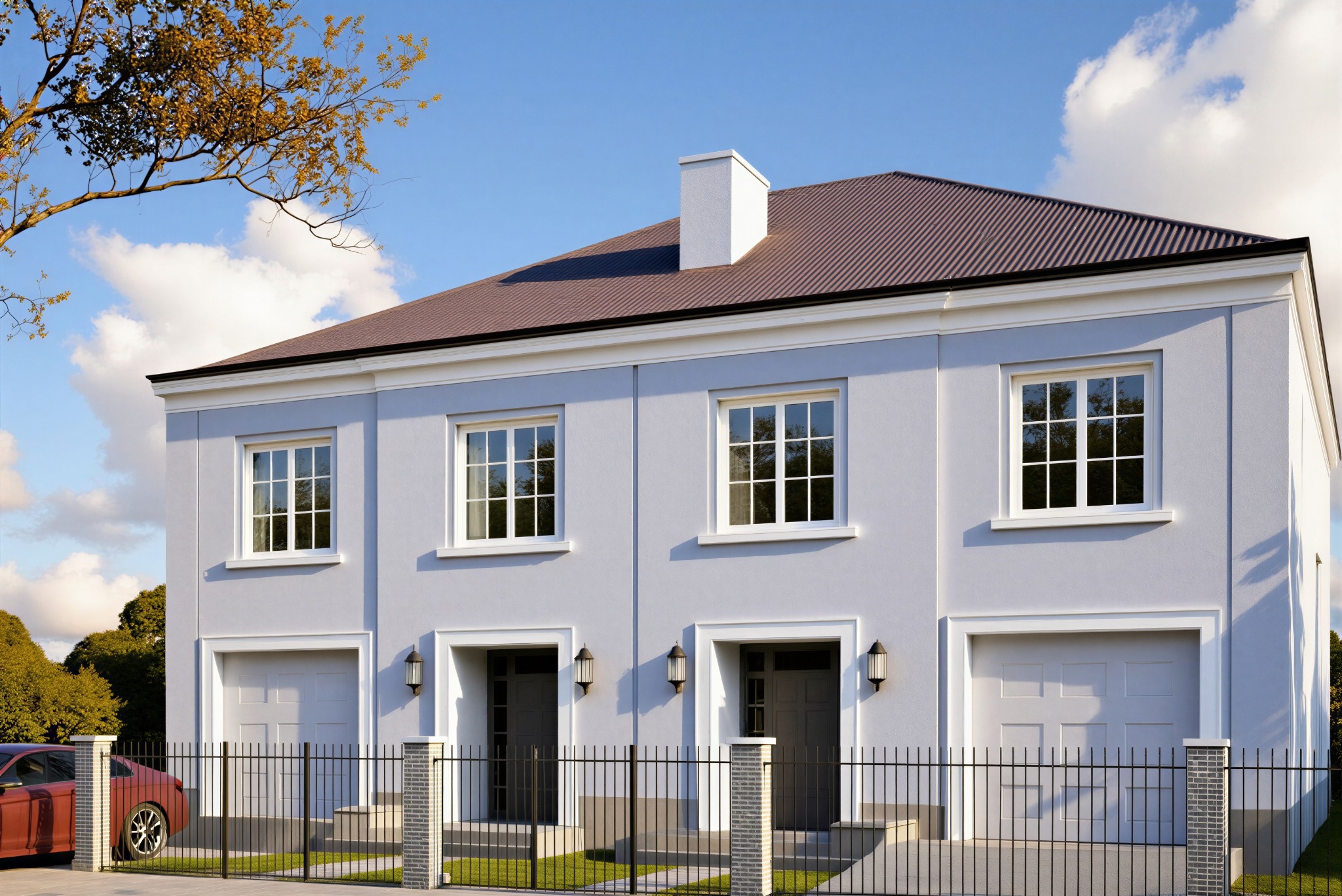 Elewacja bliźniaka w jasnych barwach z brązowym dachem, ogrodzona czarnym metalowym płotem. Widoczne okna z białymi ramami i garaże. Czerwony samochód w tle.