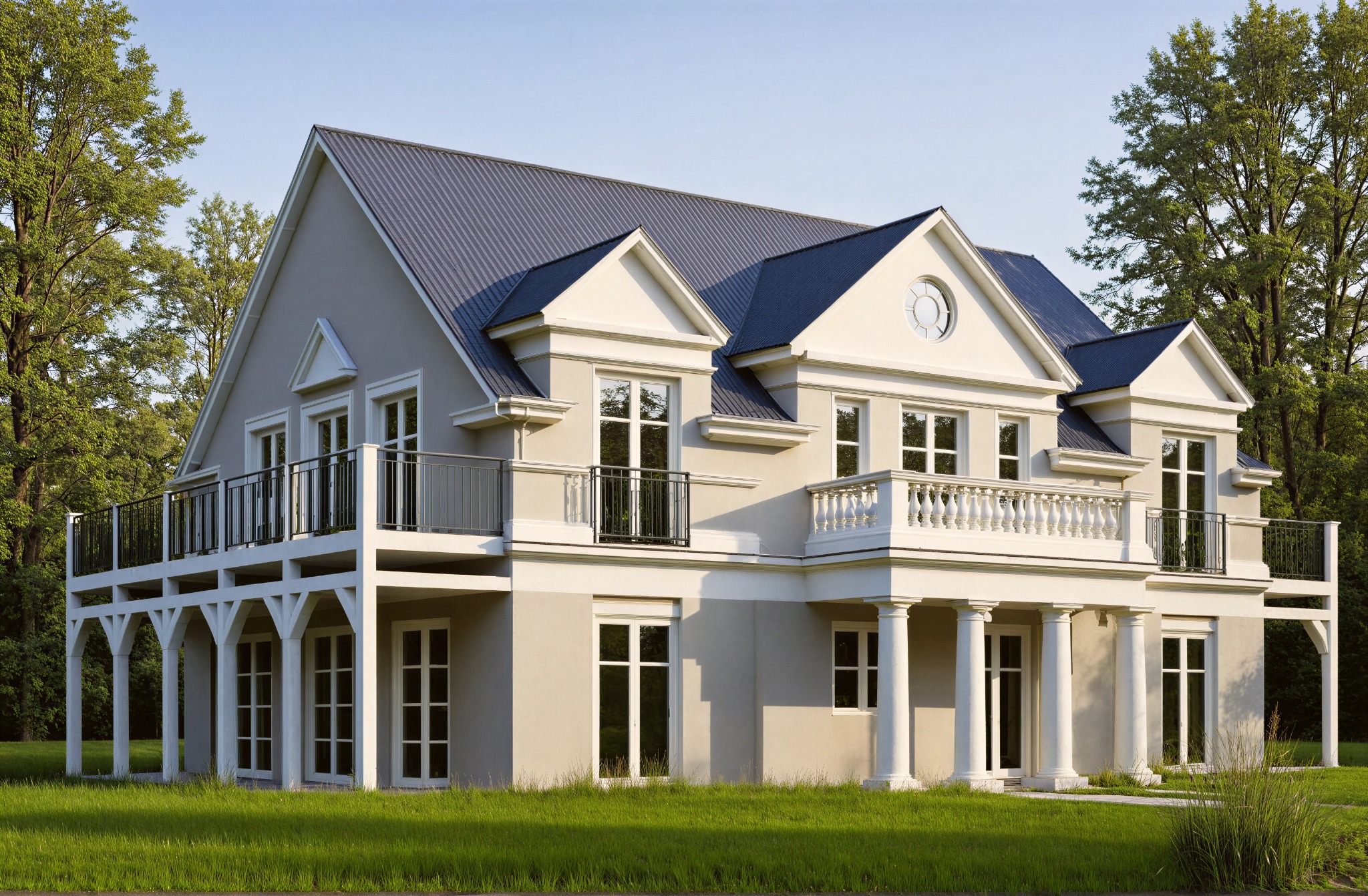 Dwukondygnacyjny dom z balkonami, kolumnami i szarym dachem na tle zieleni. Widoczne detale architektoniczne i symetryczny układ okien.