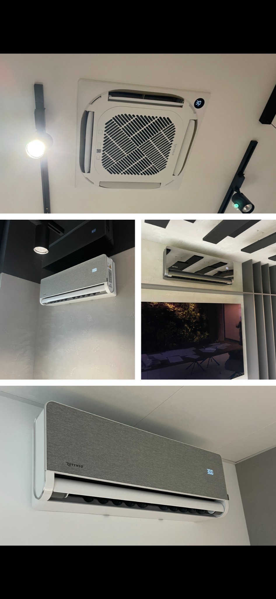 Nowoczesne klimatyzatory: sufitowy kasetonowy i ścienne z szarą obudową, wyświetlające temperaturę. Oświetlenie punktowe na suficie.