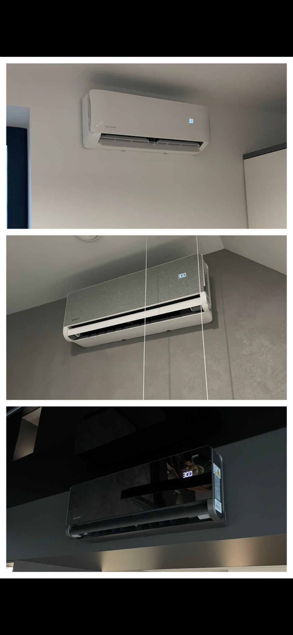 Kolaż trzech klimatyzatorów ściennych w różnych kolorach (biały, szary, czarny) zamontowanych w nowoczesnych wnętrzach. Widoczne wyświetlacze temperatury.