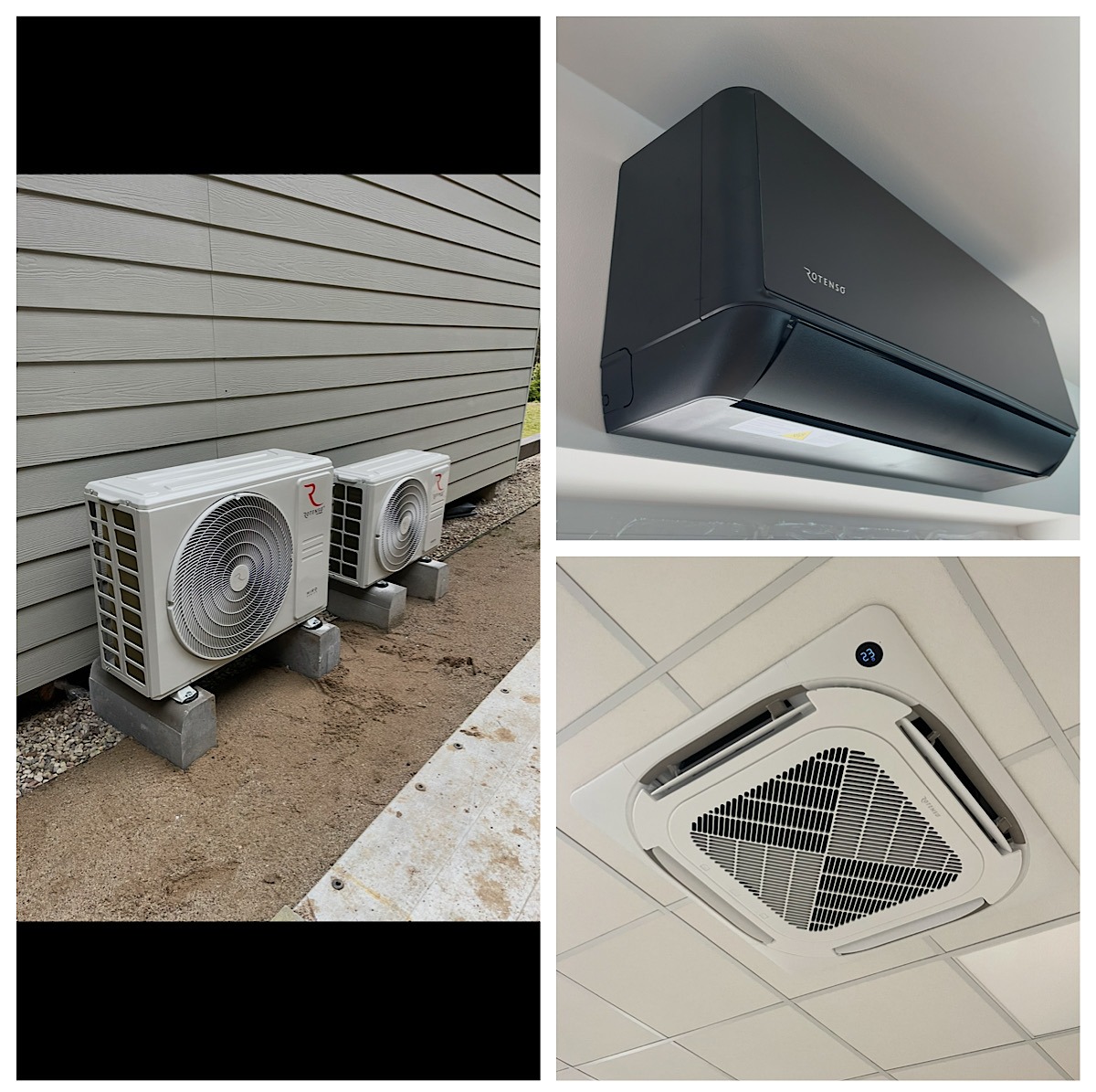 Kolaż: dwa klimatyzatory zewnętrzne na betonowych podstawach, czarny klimatyzator ścienny i sufitowy klimatyzator kasetonowy z wyświetlaczem temperatury.