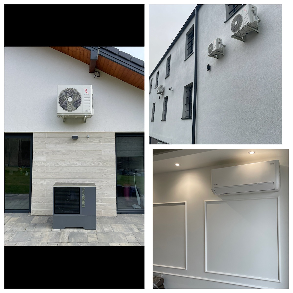 Kolaż: klimatyzatory na elewacji budynku i wewnątrz pomieszczenia. Zewnętrzne jednostki na jasnej fasadzie, wewnętrzna jednostka na ścianie z dekoracyjnymi ramami.