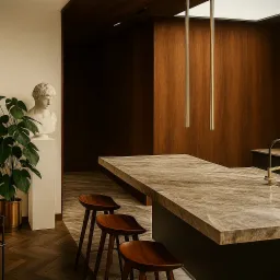 Elegancka kuchnia z marmurowym blatem, drewnianymi akcentami i designerskimi lampami wiszącymi. W tle widoczna kolekcja naczyń na półkach.