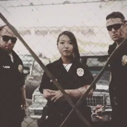 Trzech aktorów w stylizowanych mundurach policyjnych pozuje za metalową siatką na tle samochodów; produkcja filmowa.