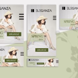 Zalogowana - Zestaw reklamowy prezentujący kampanię wiosenną 2024 marki odzieżowej Eleganza, z modelką w słomkowym kapeluszu i białej bluzce, siedzącą w wiklinowym fotelu na białym tle.