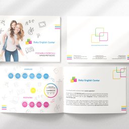 Zalogowana - Ulotka reklamowa Baby English Center z uśmiechniętą mamą niosącą na barana córkę, otoczona rysunkami edukacyjnymi, prezentująca ofertę kursów języka angielskiego i hiszpańskiego dla dzieci...