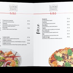 Zalogowana - Dwustronicowe menu restauracji z napisem 'Good Taste', prezentujące dania z kategorii starterów (sałatki) i pizzy wraz z cenami.