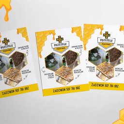 Zalogowana - Trzy ulotki reklamowe z motywem plastra miodu, prezentujące usługi pszczelarskie, takie jak zbieranie rojów i przesiedlanie pszczół z posesji, z numerem telefonu kontaktowym.