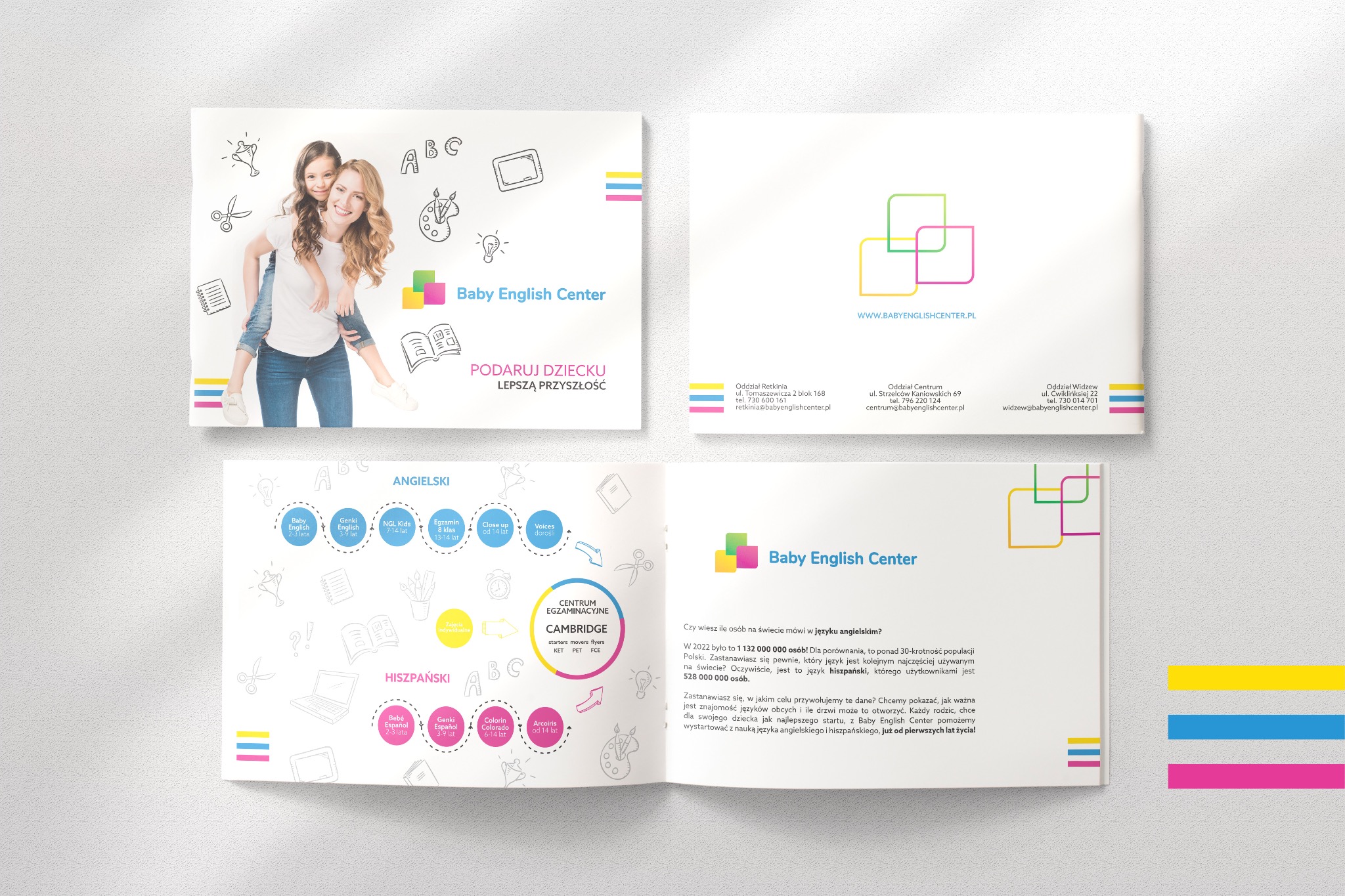 Ulotka reklamowa Baby English Center z uśmiechniętą mamą niosącą na barana córkę, otoczona rysunkami edukacyjnymi, prezentująca ofertę kursów języka angielskiego i hiszpańskiego dla dzieci...