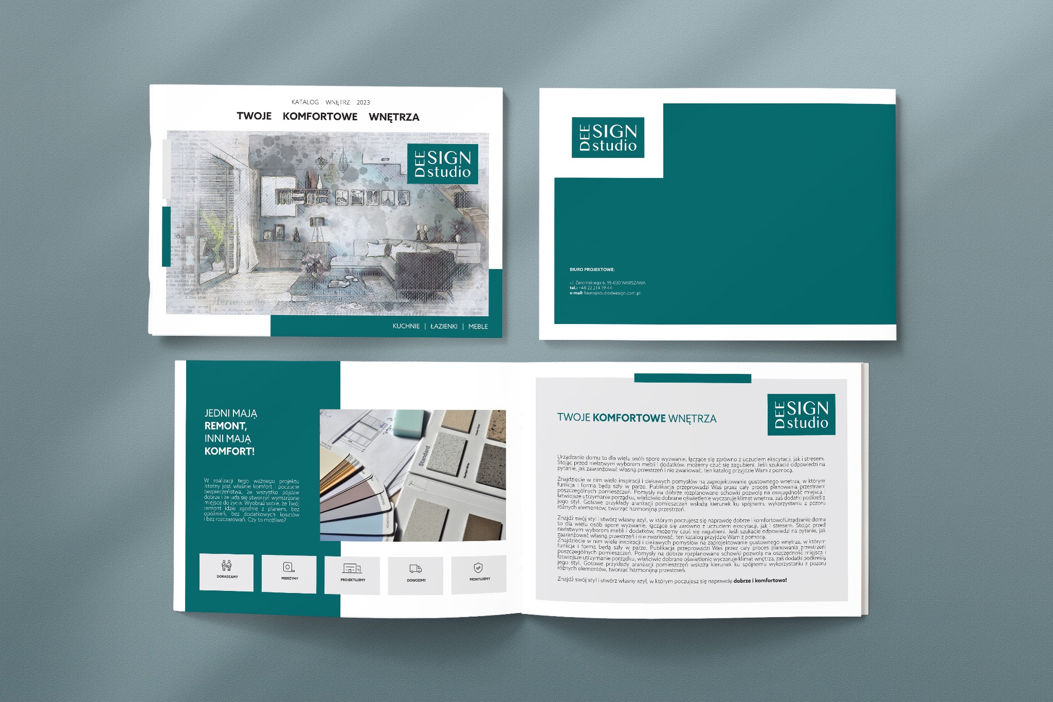 Rozłożony katalog firmy DEE SIGN studio prezentujący aranżacje wnętrz, z widocznym logo i hasłem 'Twoje komfortowe wnętrza' oraz wzorniki materiałów wykończeniowych.