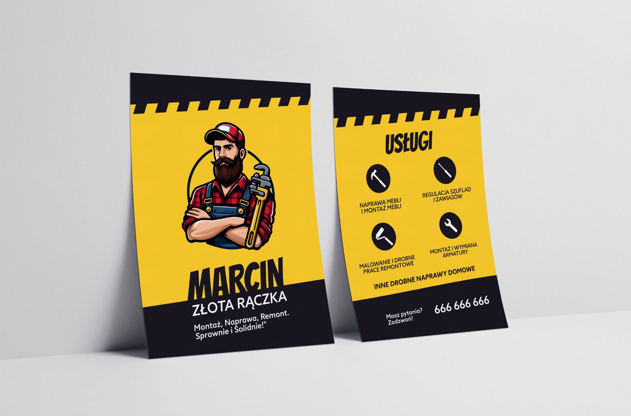 Dwie wizytówki firmy remontowej: na jednej ilustracja hydraulika z kluczem francuskim, na drugiej lista usług, takich jak naprawa mebli, regulacja szuflad, malowanie i montaż armatury.