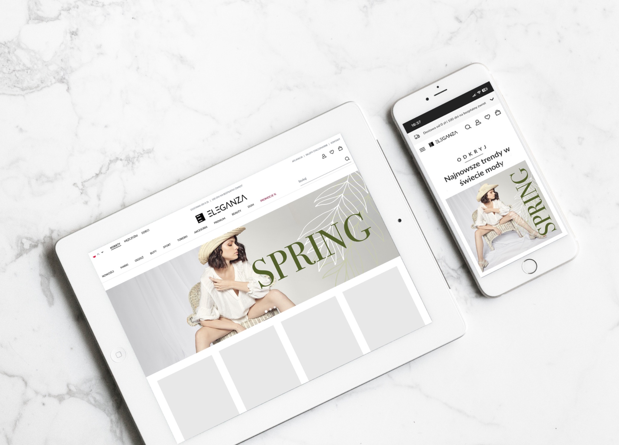 Wyświetlona na tablecie i smartfonie strona internetowa marki odzieżowej z wiosenną kolekcją prezentowaną przez modelkę w kapeluszu.