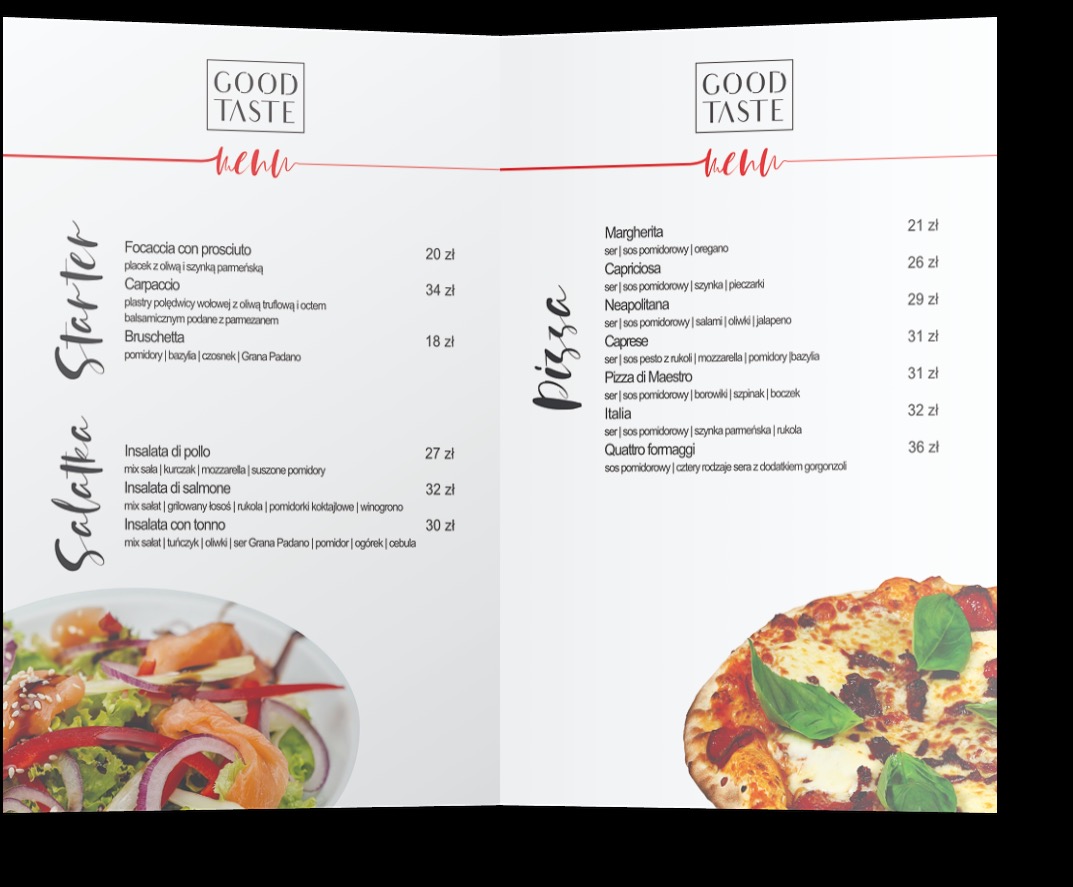 Dwustronicowe menu restauracji z napisem 'Good Taste', prezentujące dania z kategorii starterów (sałatki) i pizzy wraz z cenami.