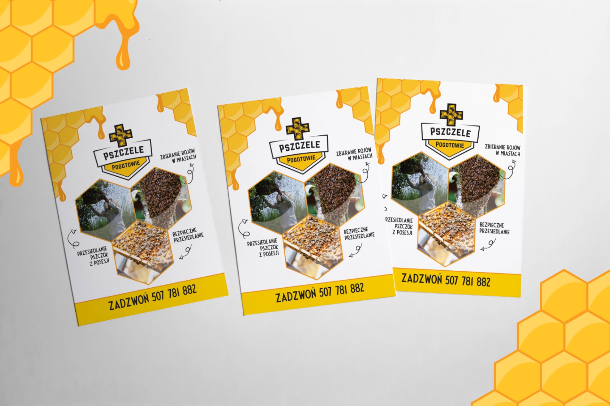 Trzy ulotki reklamowe z motywem plastra miodu, prezentujące usługi pszczelarskie, takie jak zbieranie rojów i przesiedlanie pszczół z posesji, z numerem telefonu kontaktowym.