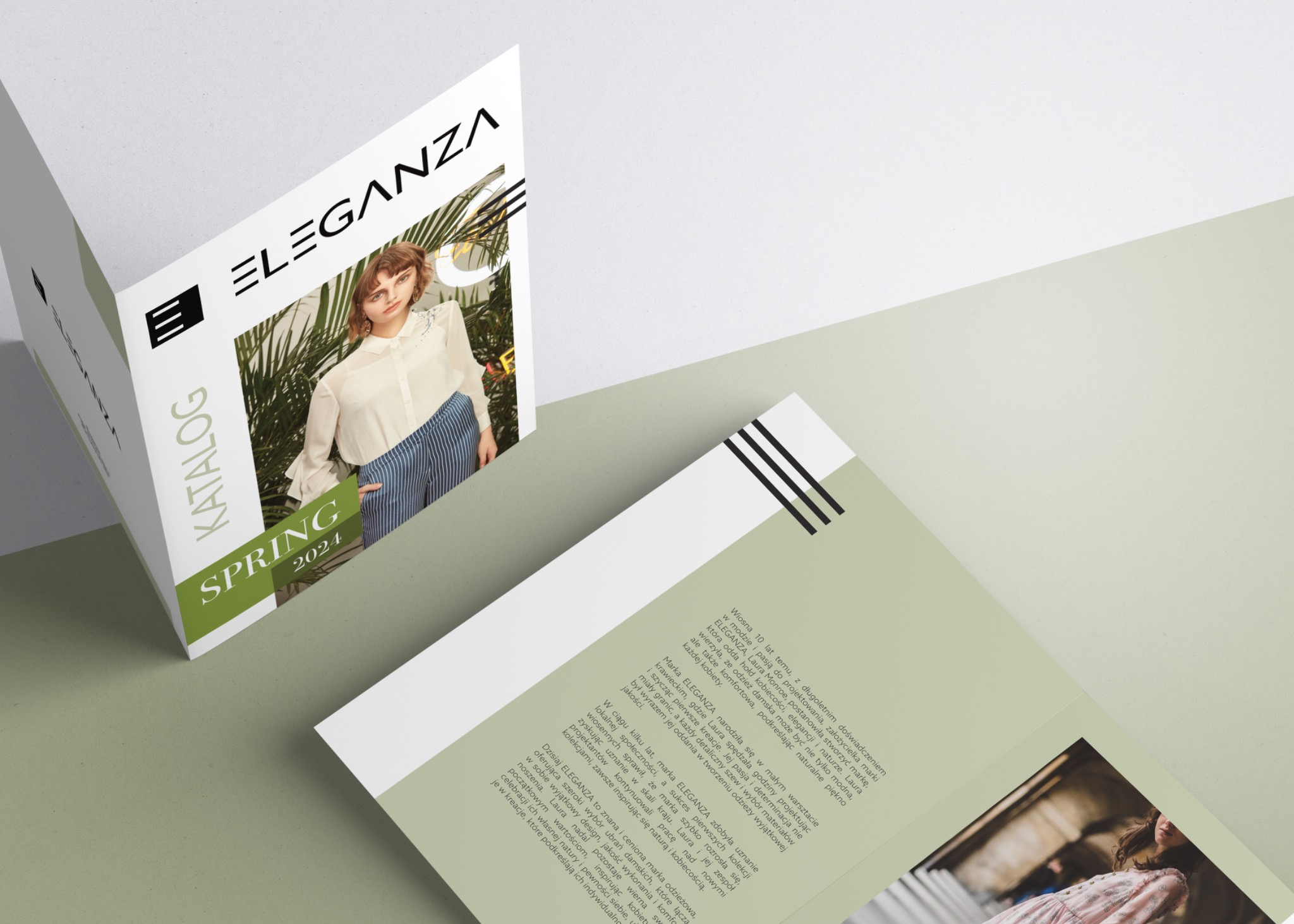 Katalog marki odzieżowej Eleganza Spring 2024, prezentujący modelkę w bluzce i spodniach w paski, leżący na jasnym tle.