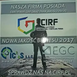 Grafika reklamowa: Nasza firma posiada certyfikat CIRF oraz znak jakości usług, z logo CIRF, sylwetką mężczyzny w garniturze na tle skał i adresami stron internetowych.