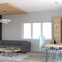 Wizualizacja salonu z aneksem kuchennym w nowoczesnym stylu: szara sofa narożna, okrągły stolik kawowy z blatem imitującym kamień, grafika na ścianie, drewniany sufit podwieszany, stół jadalny...