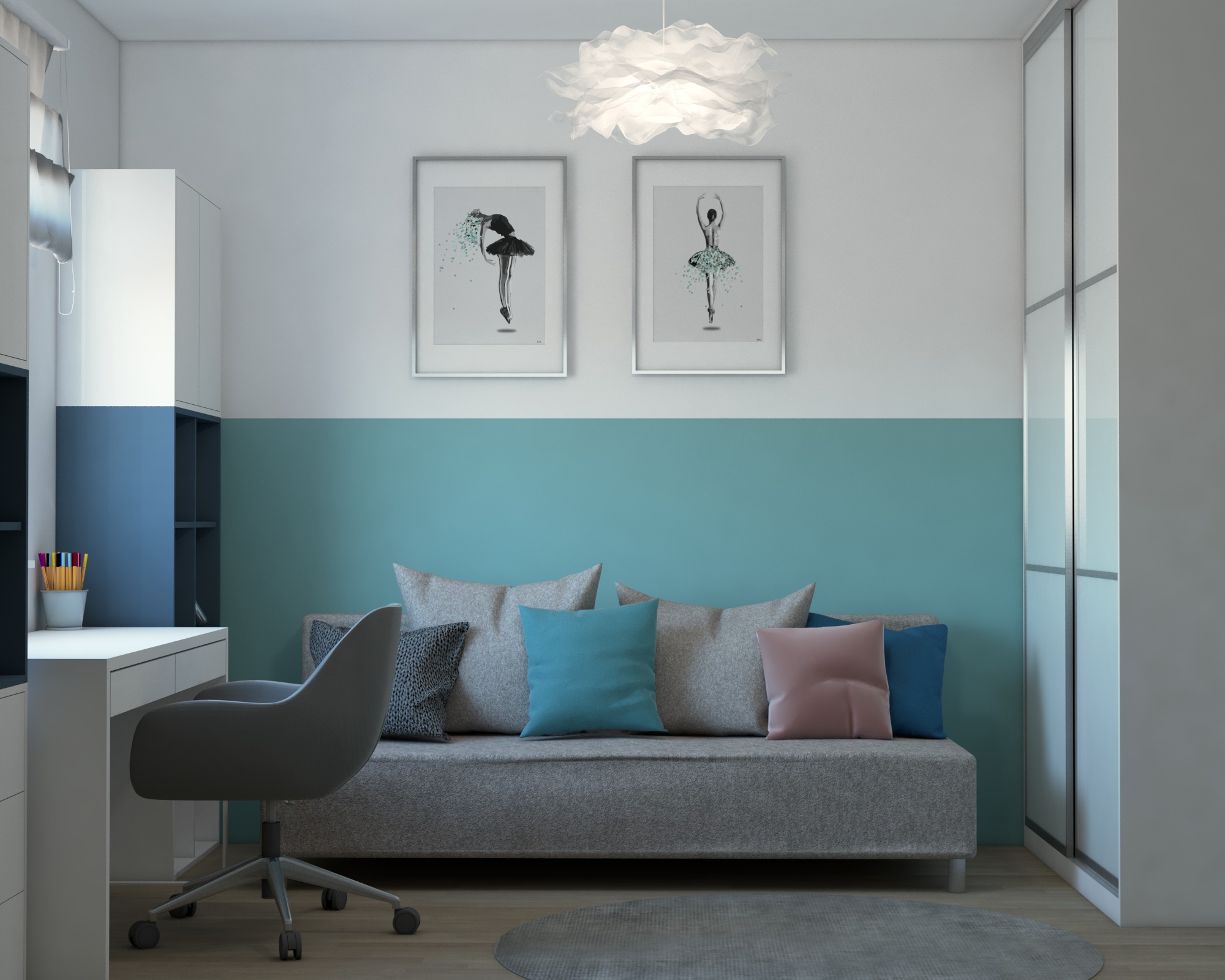 Projekt pokoju dziecięcego: szary fotel biurowy przy białym biurku z kolorowymi kredkami, szara sofa z poduszkami (turkusowa, różowa, granatowa), na ścianie grafiki z baletnicami, oświetlenie...