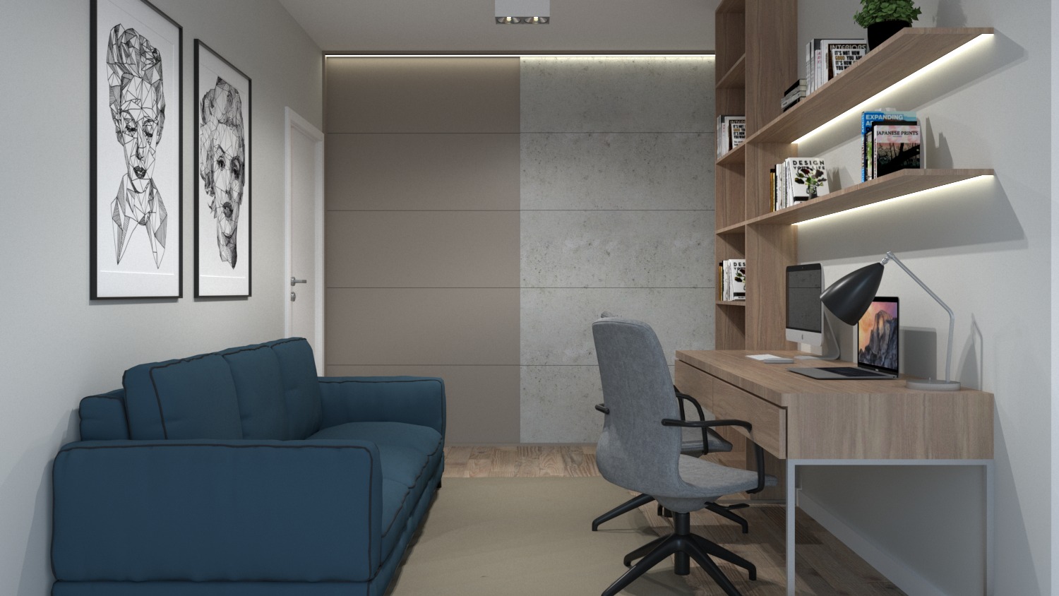 Wizualizacja nowoczesnego gabinetu z niebieską sofą, biurkiem z komputerem, regałem z podświetleniem LED i dwoma portretami w stylu geometrycznym na ścianie.