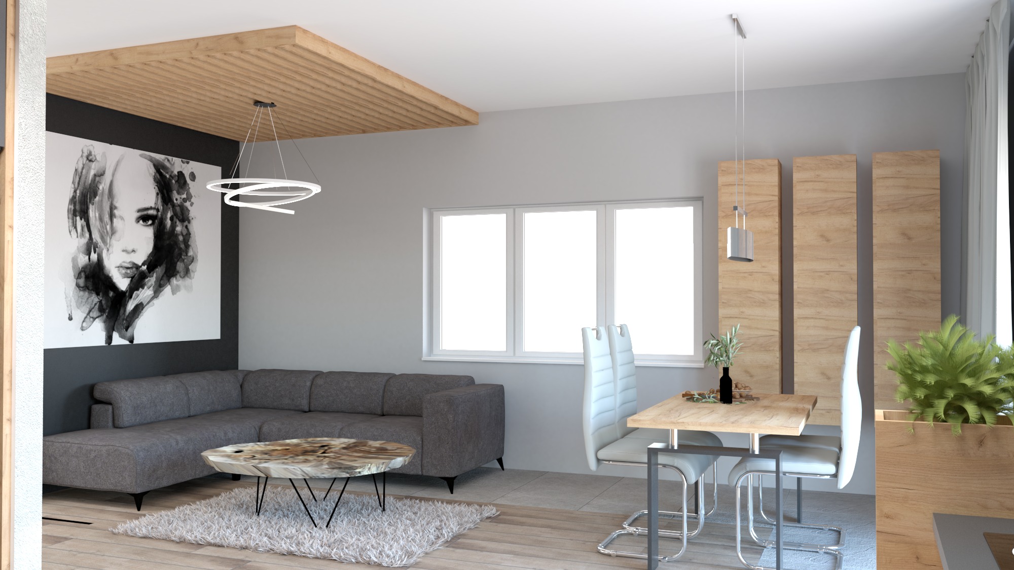Wizualizacja salonu z aneksem kuchennym w nowoczesnym stylu: szara sofa narożna, okrągły stolik kawowy z blatem imitującym kamień, grafika na ścianie, drewniany sufit podwieszany, stół jadalny...