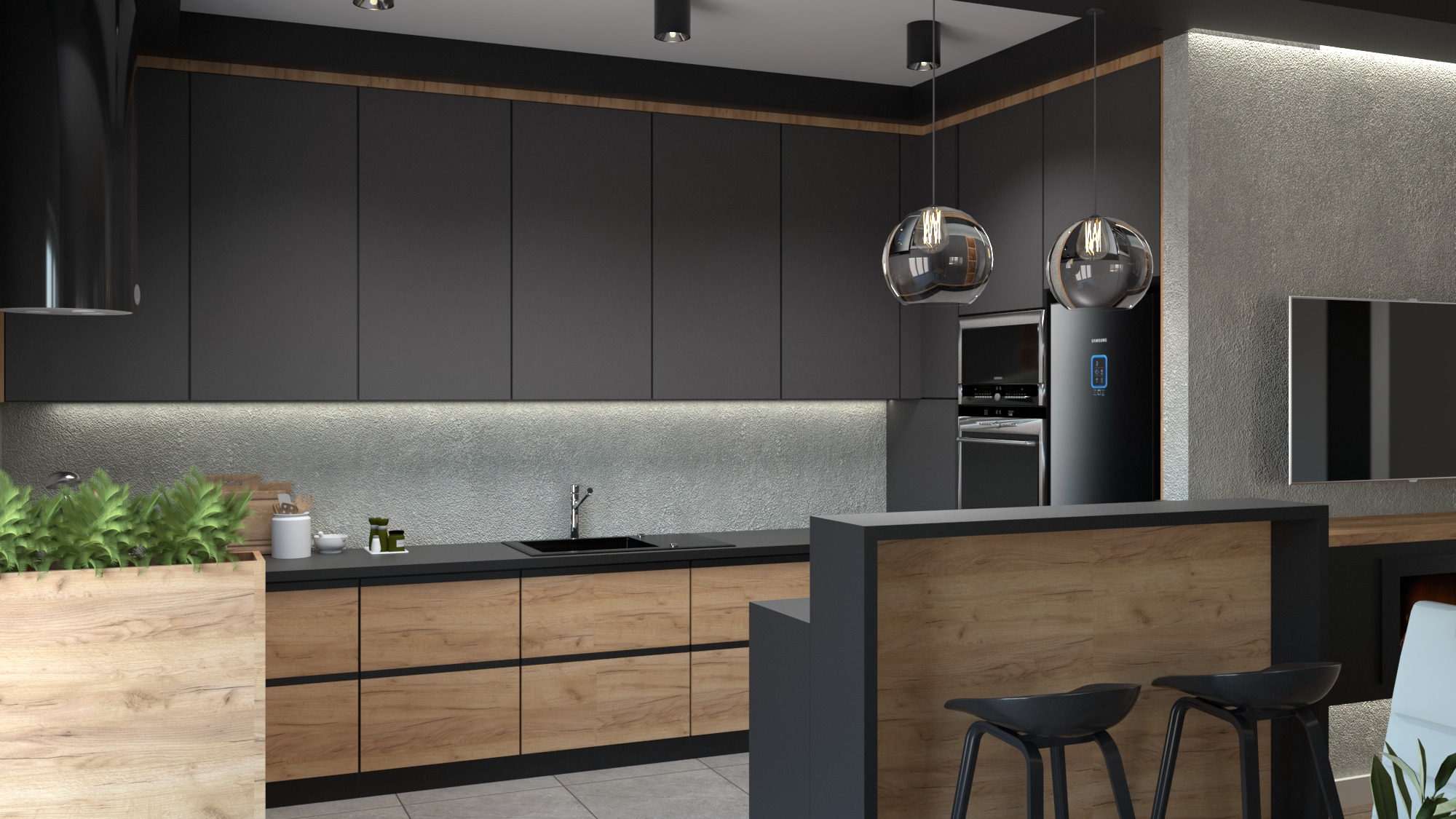Wizualizacja nowoczesnej kuchni z czarnymi szafkami górnymi i drewnianymi dolnymi, wyspą z hokerami, oświetleniem podszafkowym LED i dekoracyjnymi lampami wiszącymi.